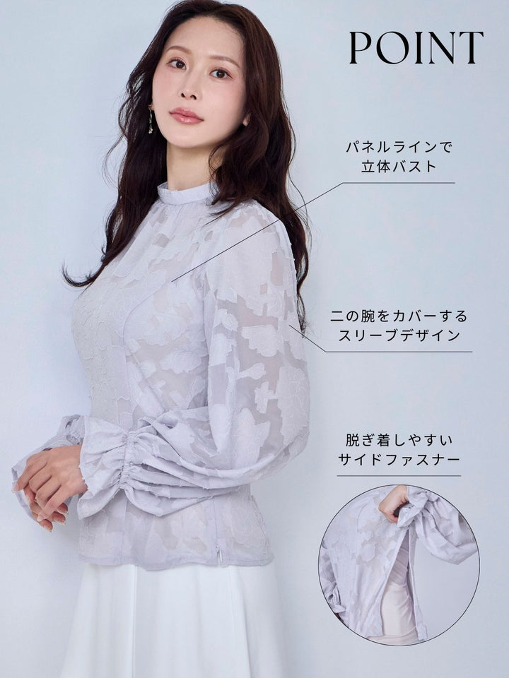 キャンディスリーブジャカードブラウス：ネイビー│胸が大きな女性の