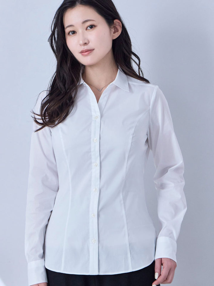 【overE】美胸・着痩せ叶うスキッパーシャツ：ホワイトストレッチU65-R- 美胸・着痩せ叶うスキッパーシャツ：ホワイトストレッチ[overE