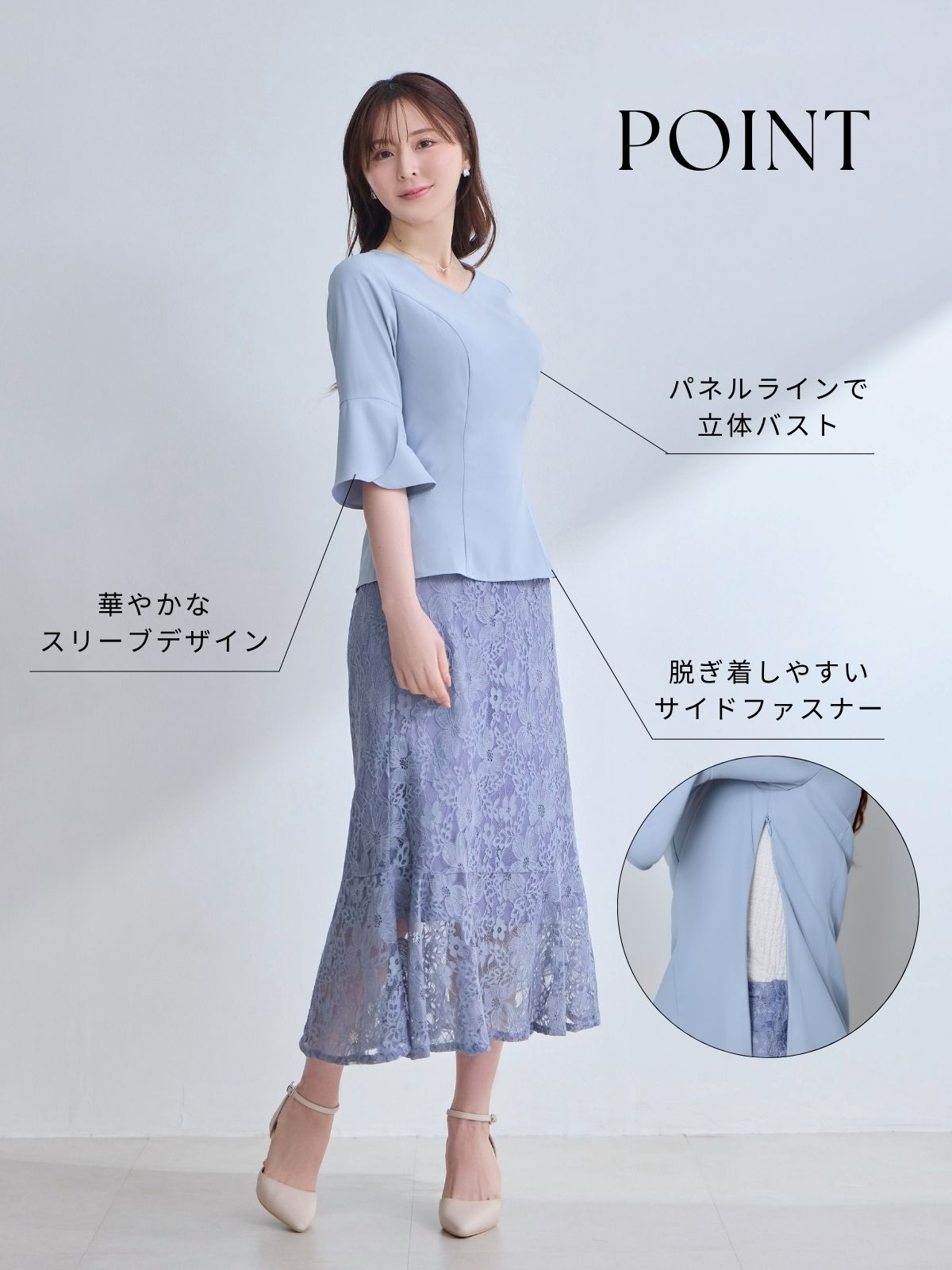 透けづらいストレッチフラワーブラウス：ネイビー│胸が大きな女性の