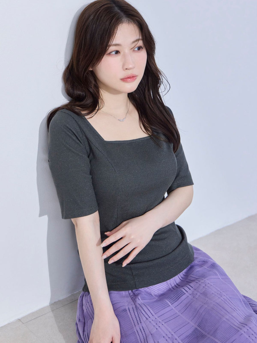 [4/9 22:00発売 期間限定 300円OFF]スクエアネックミニラメテレコパネルカットソー：ブルーグレー[102サイズ対応/一部入荷次第発送]