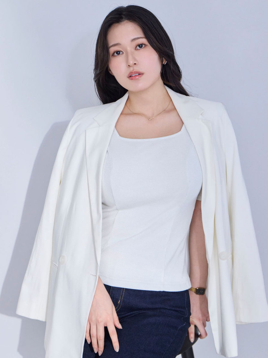 [4/9 22:00発売 期間限定 300円OFF]スクエアネックミニラメテレコパネルカットソー：ホワイト[102サイズ対応/一部入荷次第発送]