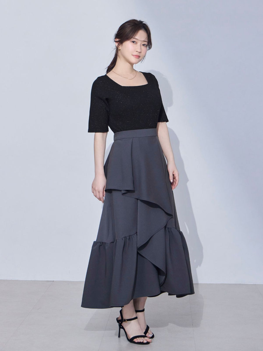 [4/9 22:00発売 期間限定 300円OFF]スクエアネックミニラメテレコパネルカットソー：ブラック[102サイズ対応/一部入荷次第発送]