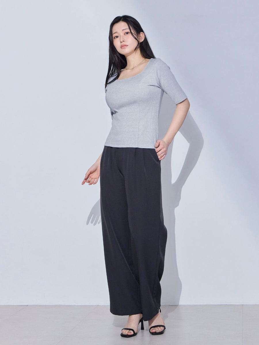 [4/9 22:00発売 期間限定 300円OFF]スクエアネックミニラメテレコパネルカットソー：ライトグレー[102サイズ対応/一部入荷次第発送]