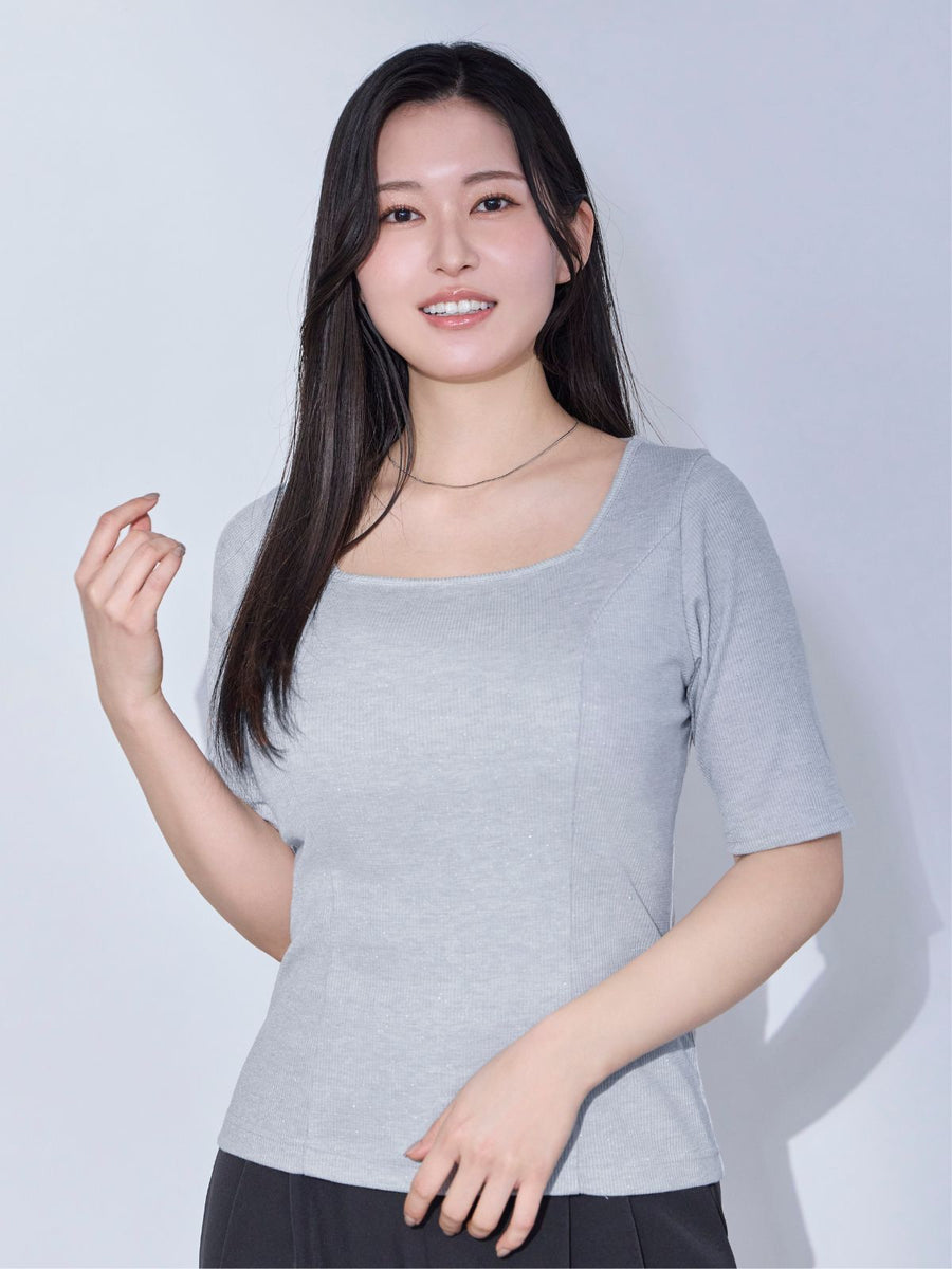 [4/9 22:00発売]スクエアネックミニラメテレコパネルカットソー：ライトグレー[102サイズ対応/一部入荷次第発送]