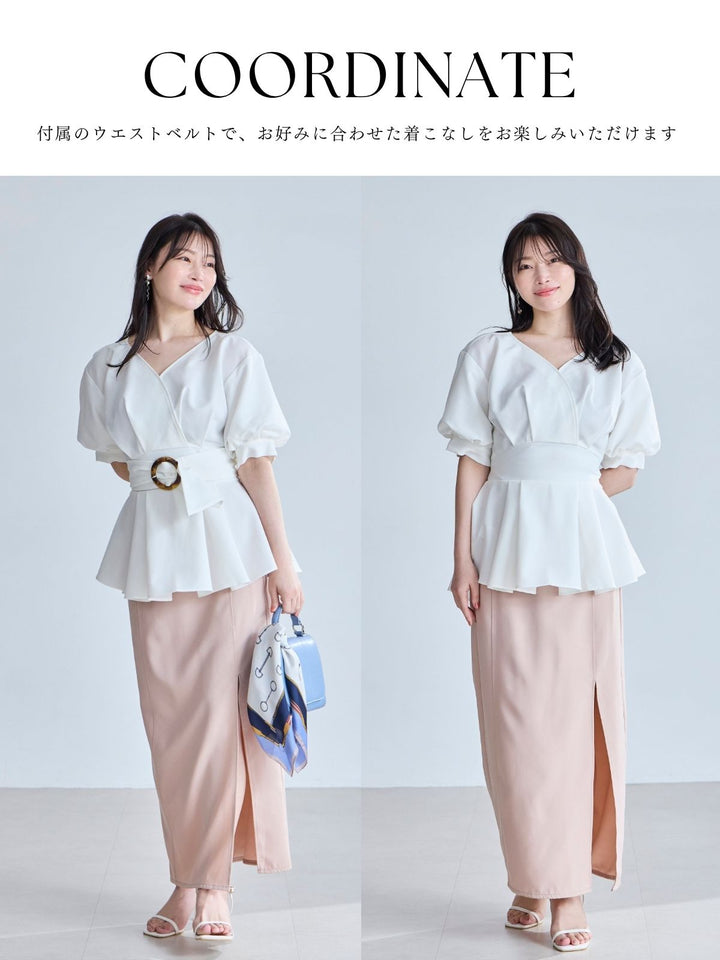 オーバーイー90 ウエストベルト付きカシュクールブラウス 25SS ライトピンク ウエストベルト付きカシュクールブラウス 26SS：ホワイトドット│胸が