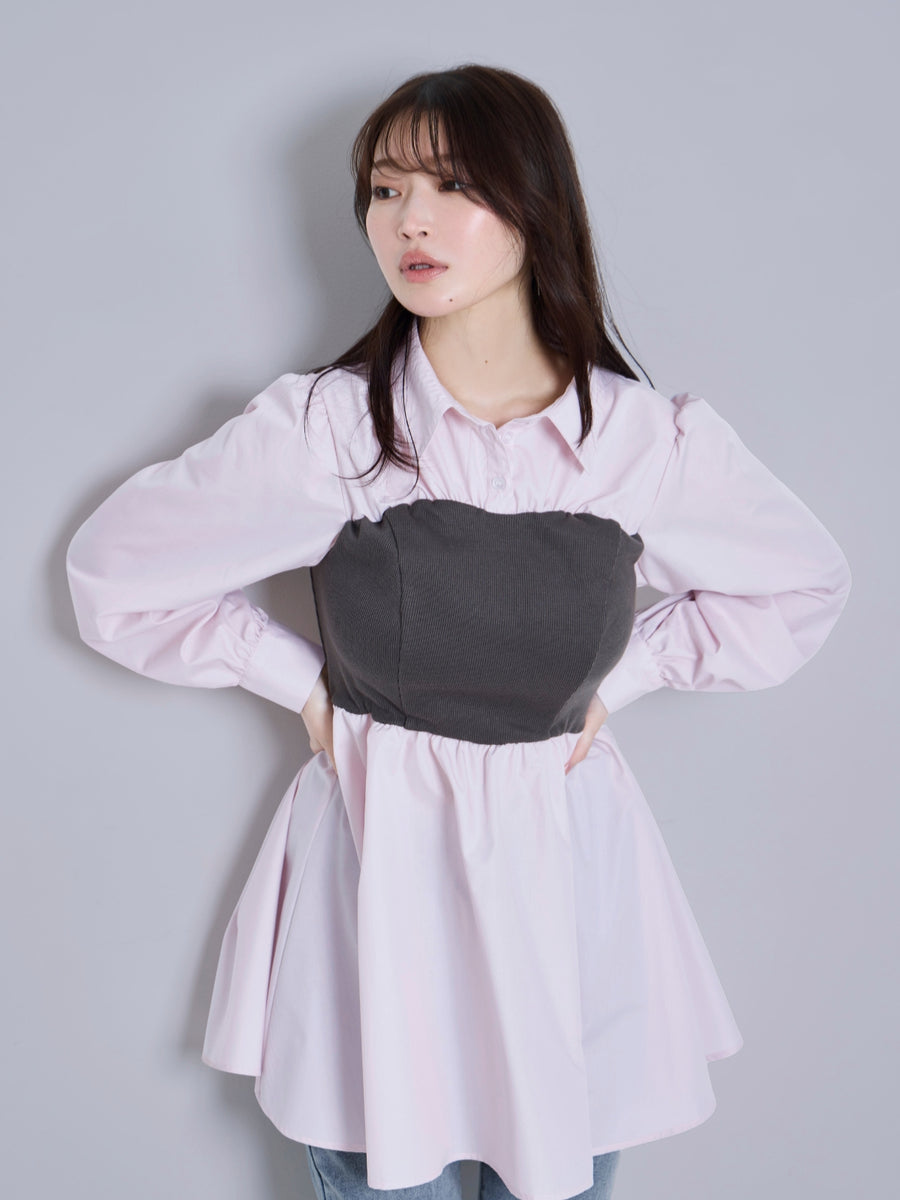 [9/17 22:00発売 期間限定 300円OFF]カットドッキングチュニックシャツ：ライトピンク