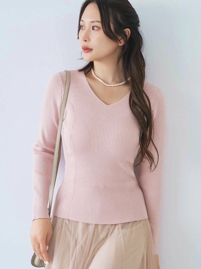 overE Vネックパネルニット ピーチピンク