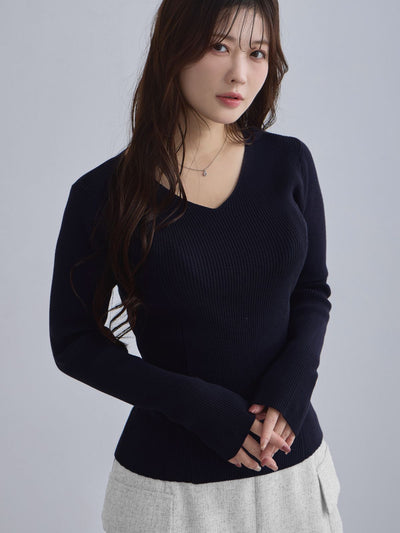 [12/4 22:00発売 期間限定 300円OFF]Vネックパネルニット：ネイビー[102サイズ対応]