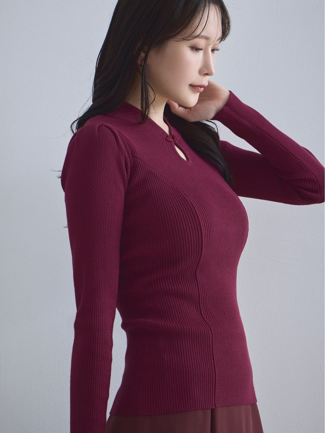 チャイナパネルニット：ボルドー│胸が大きな女性のためのファッション