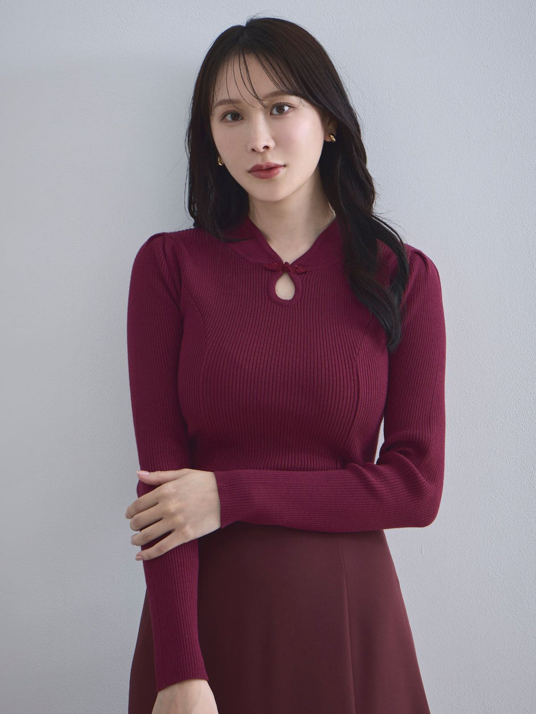 チャイナパネルニット：ボルドー│胸が大きな女性のためのファッション