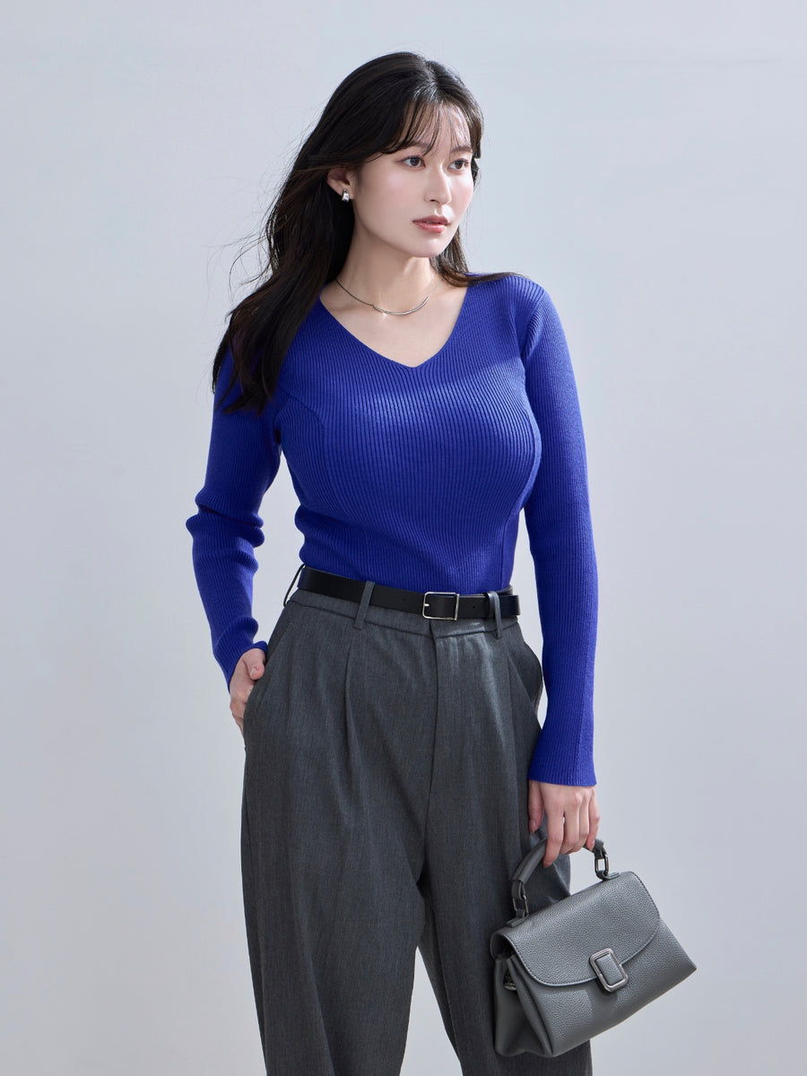 [10/1 22:00発売 期間限定 300円OFF]Vネックパネルニット：ロイヤルブルー