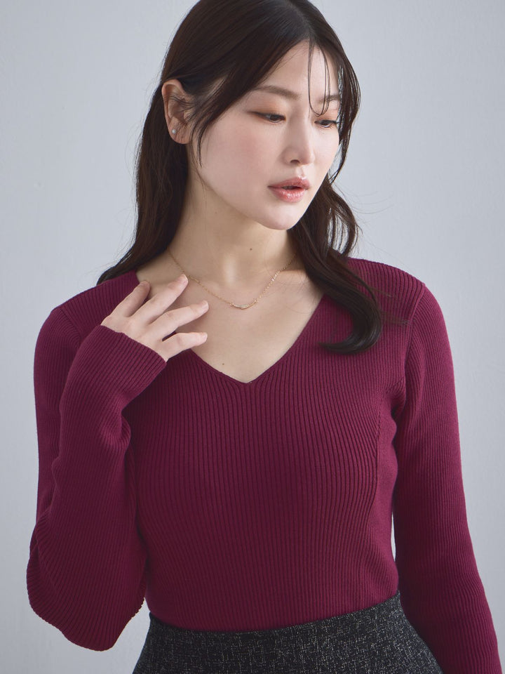 Vネックパネルニット ：ボルドー│胸が大きな女性のための