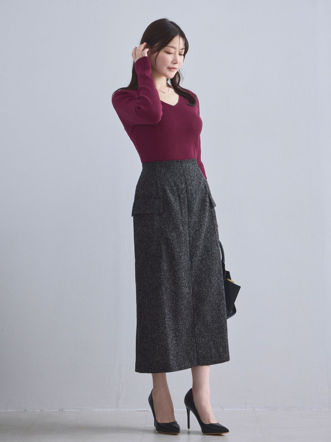 【overE】Vネックパネルニット｜ボルドー【96】 Vネックパネルニット ：ボルドー│胸が大きな女性のためのファッション