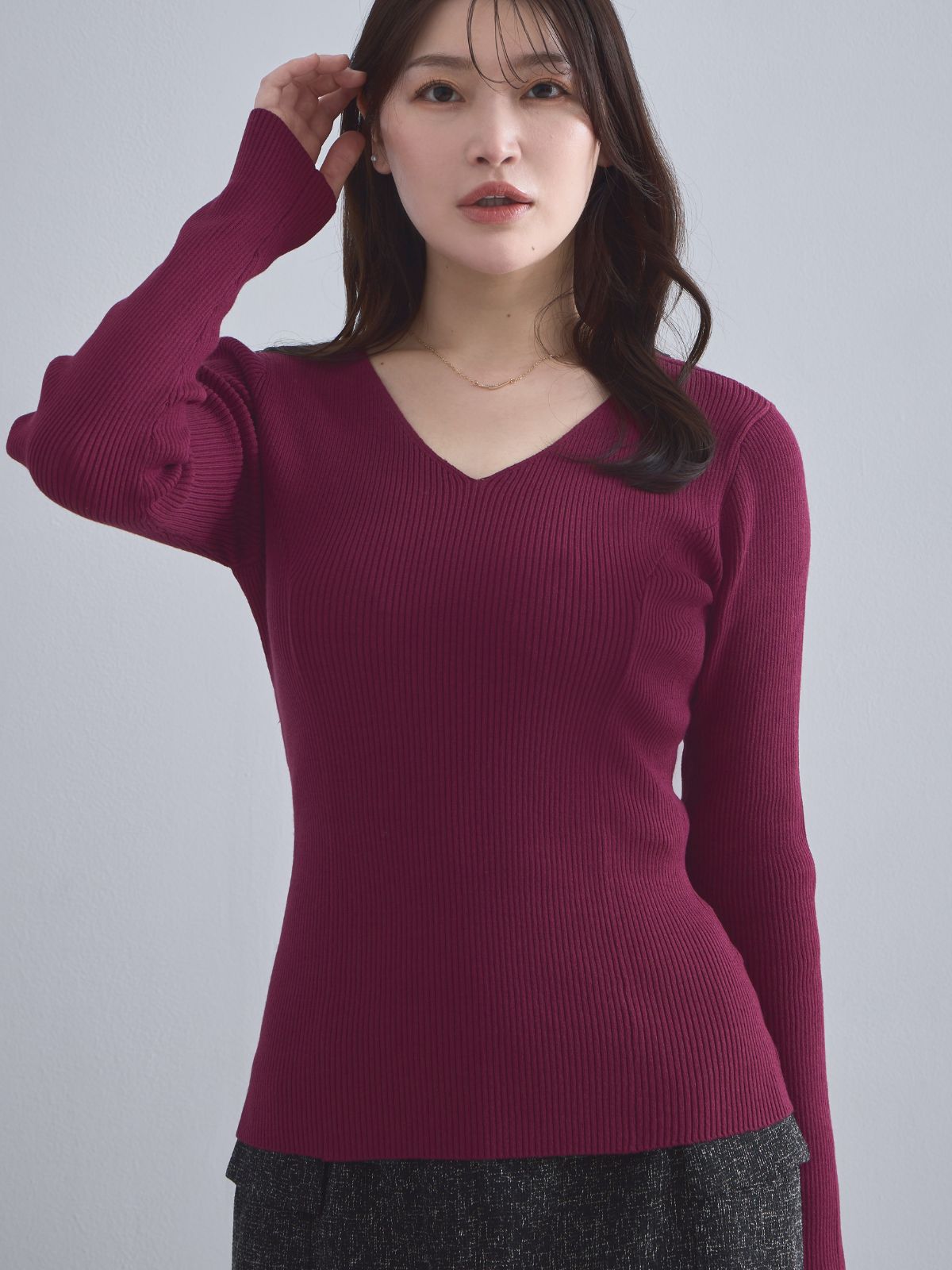 [10/2 22:00発売 期間限定 300円OFF]Vネックパネルニット：ボルドー[102サイズ対応]