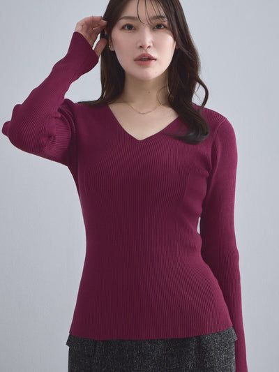 [10/2 22:00発売 期間限定 300円OFF]Vネックパネルニット：ボルドー[102サイズ対応]
