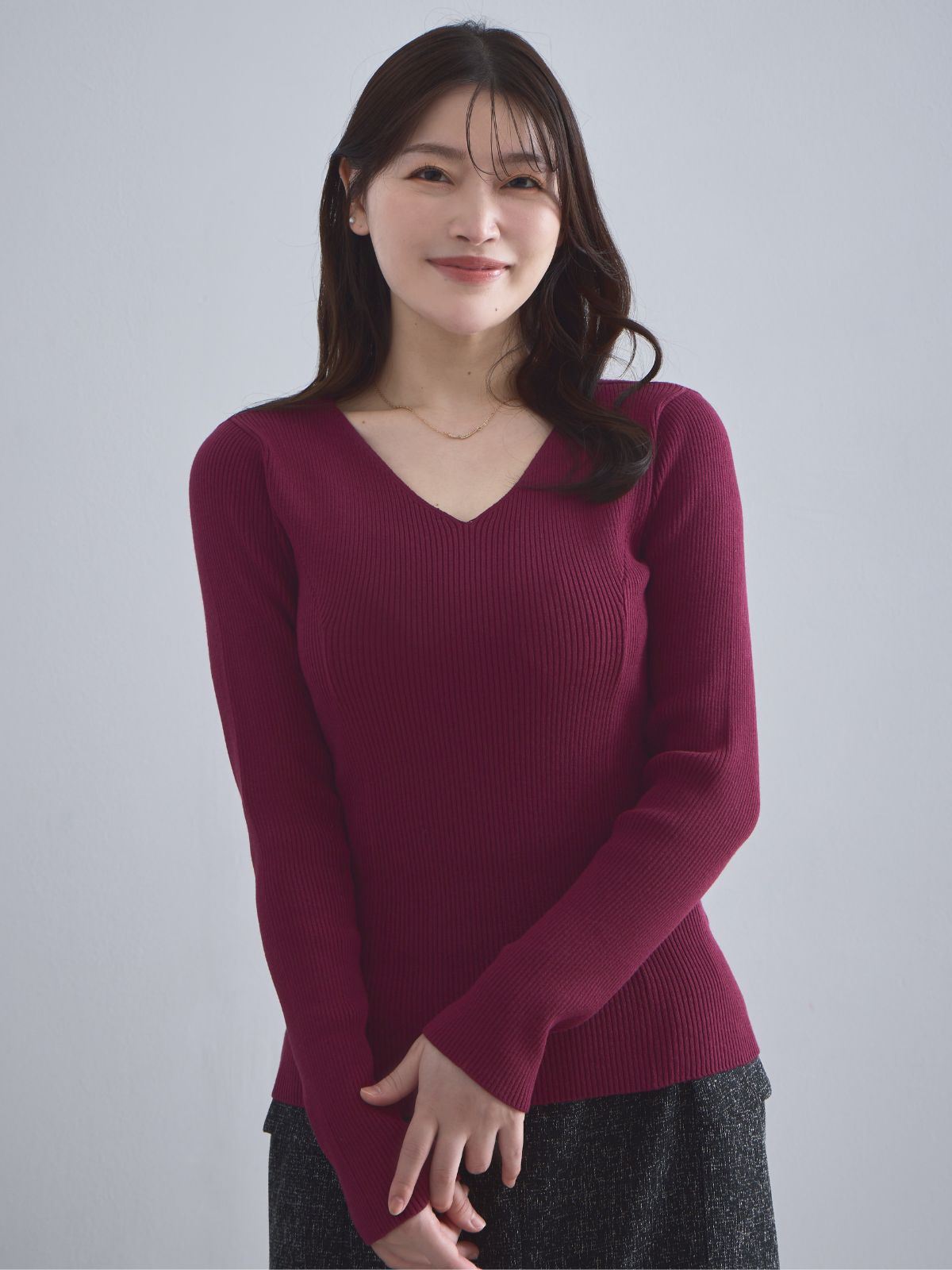 [10/2 22:00発売 期間限定 300円OFF]Vネックパネルニット：ボルドー[102サイズ対応]