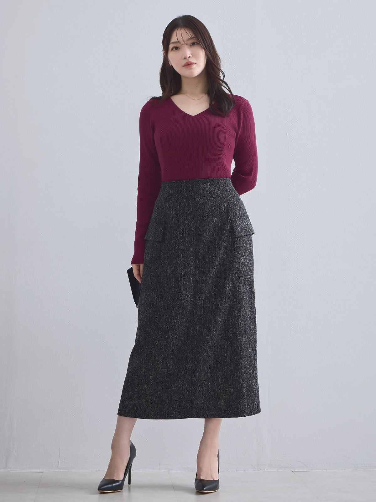 [10/2 22:00発売 期間限定 300円OFF]Vネックパネルニット：ボルドー[102サイズ対応]