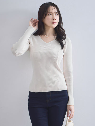 [10/2 22:00再販 期間限定 300円OFF]Vネックパネルニット：ミルキーホワイト[102サイズ対応]