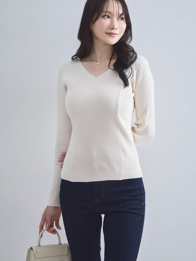 [10/2 22:00再販 期間限定 300円OFF]Vネックパネルニット：ミルキーホワイト[102サイズ対応]