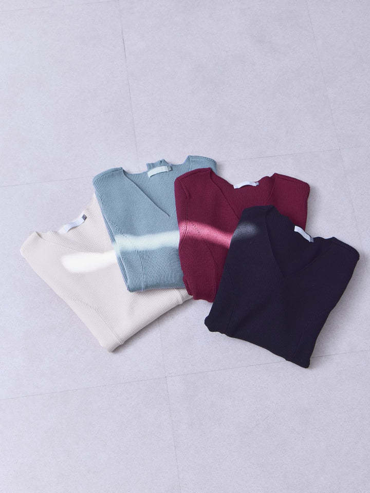 Vネックパネルニット ：ボルドー│胸が大きな女性のためのファッション