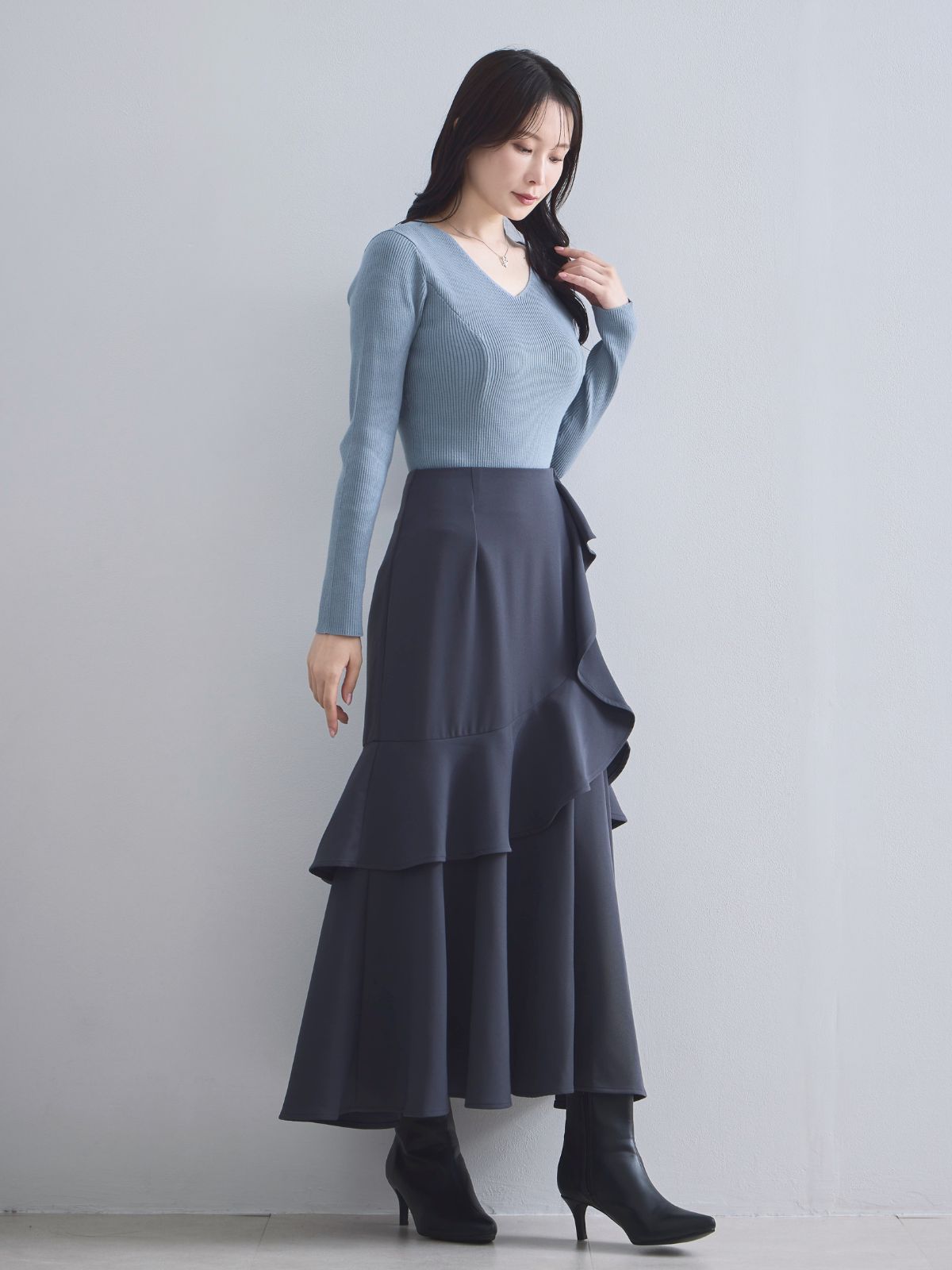 [10/2 22:00再販 期間限定 300円OFF]Vネックパネルニット：スモーキーブルー[102サイズ対応]