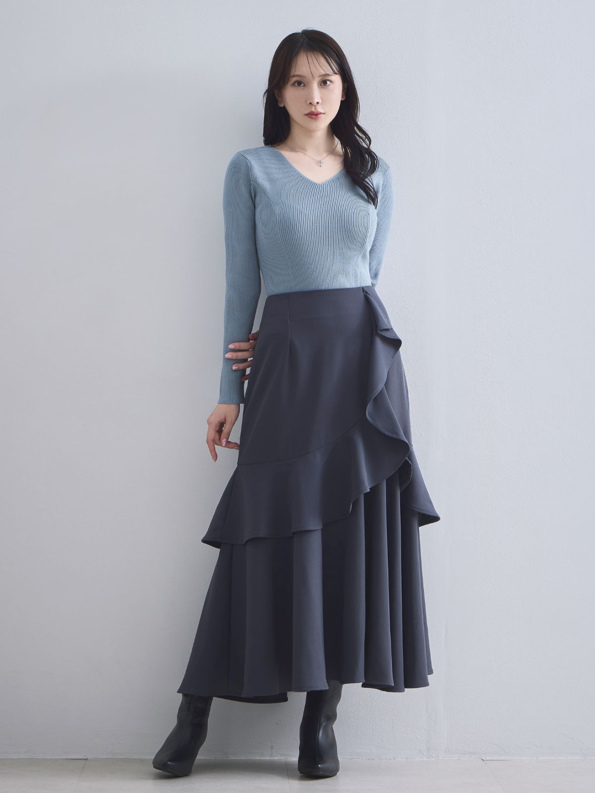 [10/2 22:00再販 期間限定 300円OFF]Vネックパネルニット：スモーキーブルー[102サイズ対応]