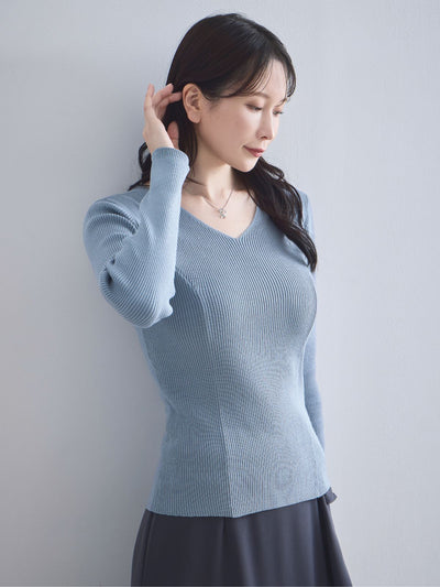 [10/2 22:00再販 期間限定 300円OFF]Vネックパネルニット：スモーキーブルー[102サイズ対応]