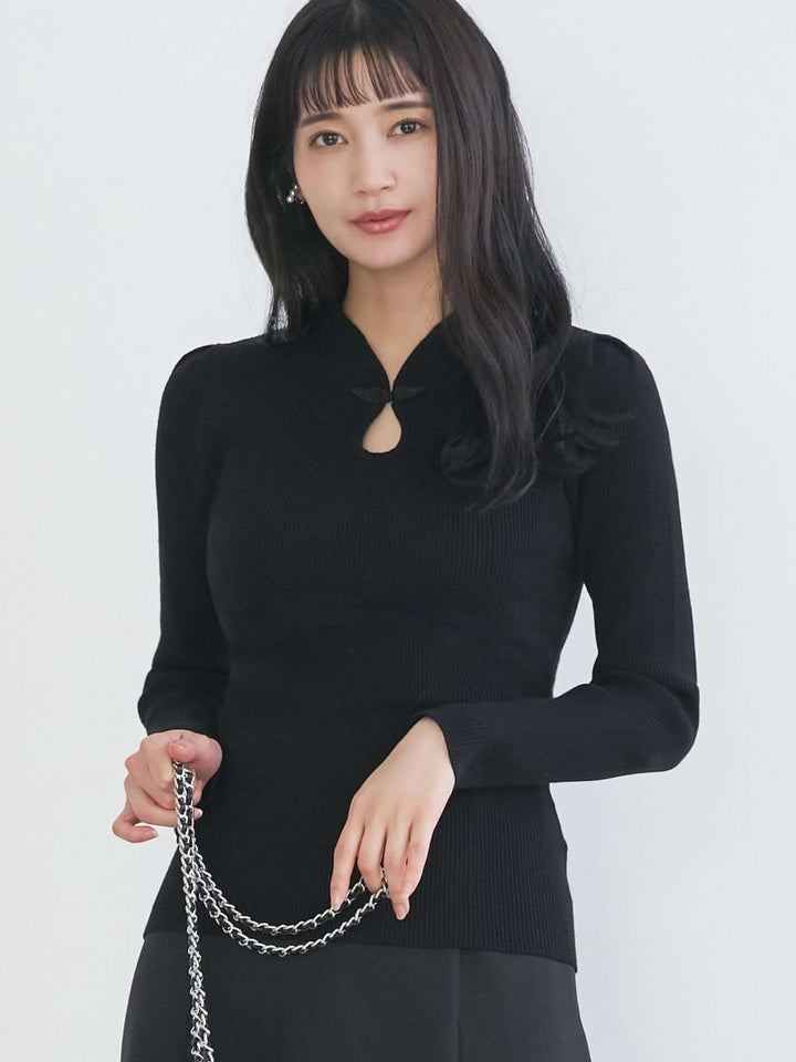 【overE】オーバーイー　チャイナパネルニット　90　ブラック チャイナパネルニット：ブラック│胸が大きな女性のためのファッション