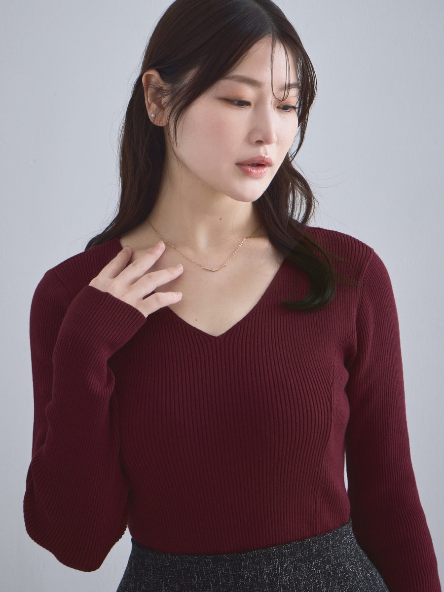[10/1 22:00再販 期間限定 300円OFF]Vネックパネルニット：ボルドー