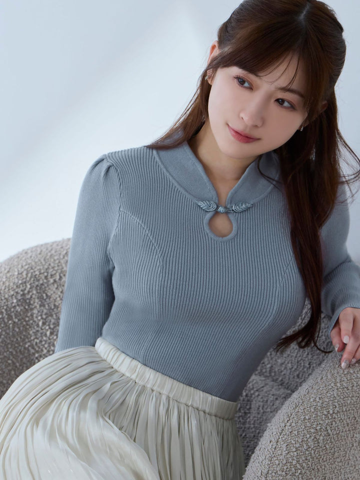 チャイナパネルニット：スモーキーブルー│胸が大きな女性のための