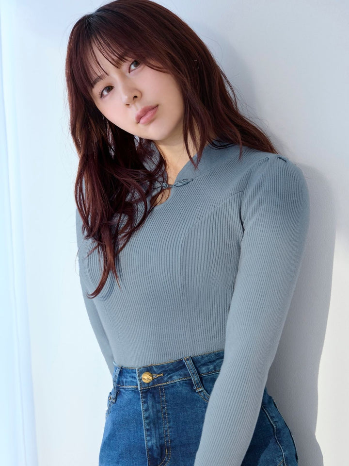 チャイナパネルニット：スモーキーブルー│胸が大きな女性のための