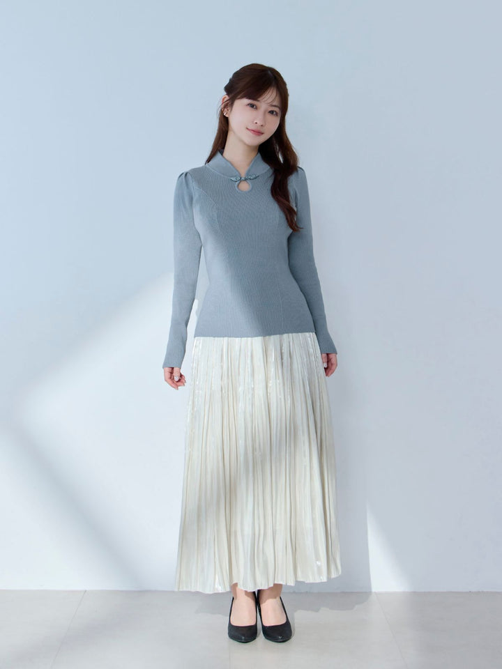 overE 半袖ニット トップス 青 プチチャイナカットソー overE 半袖ニット トップス 青 プチチャイナカットソー overE