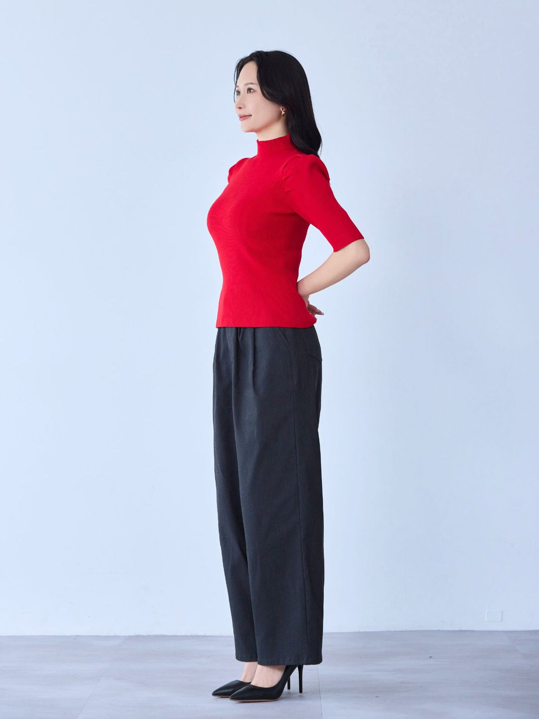 overE プチハイ5分袖パネルニット 23SS サマーチャイナパネルニット：ネイビー│胸が大きな女性のための