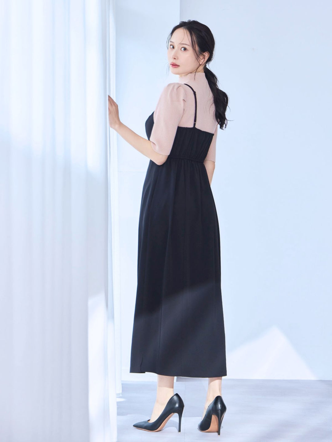プチハイ5分袖パネルニット 25SS：ピーチピンク│胸が大きな女性