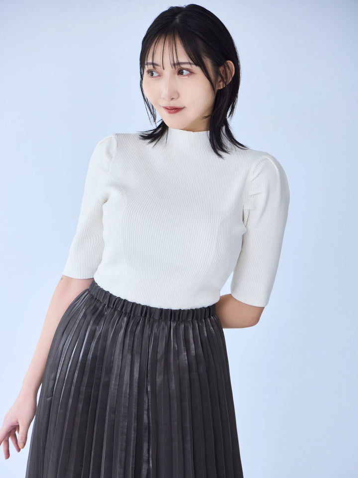 overE プチハイ5分袖パネルニット 25SS：ホワイト 96サイズ プチハイ5分袖パネルニット 25SS：ホワイト│胸が大きな女性の