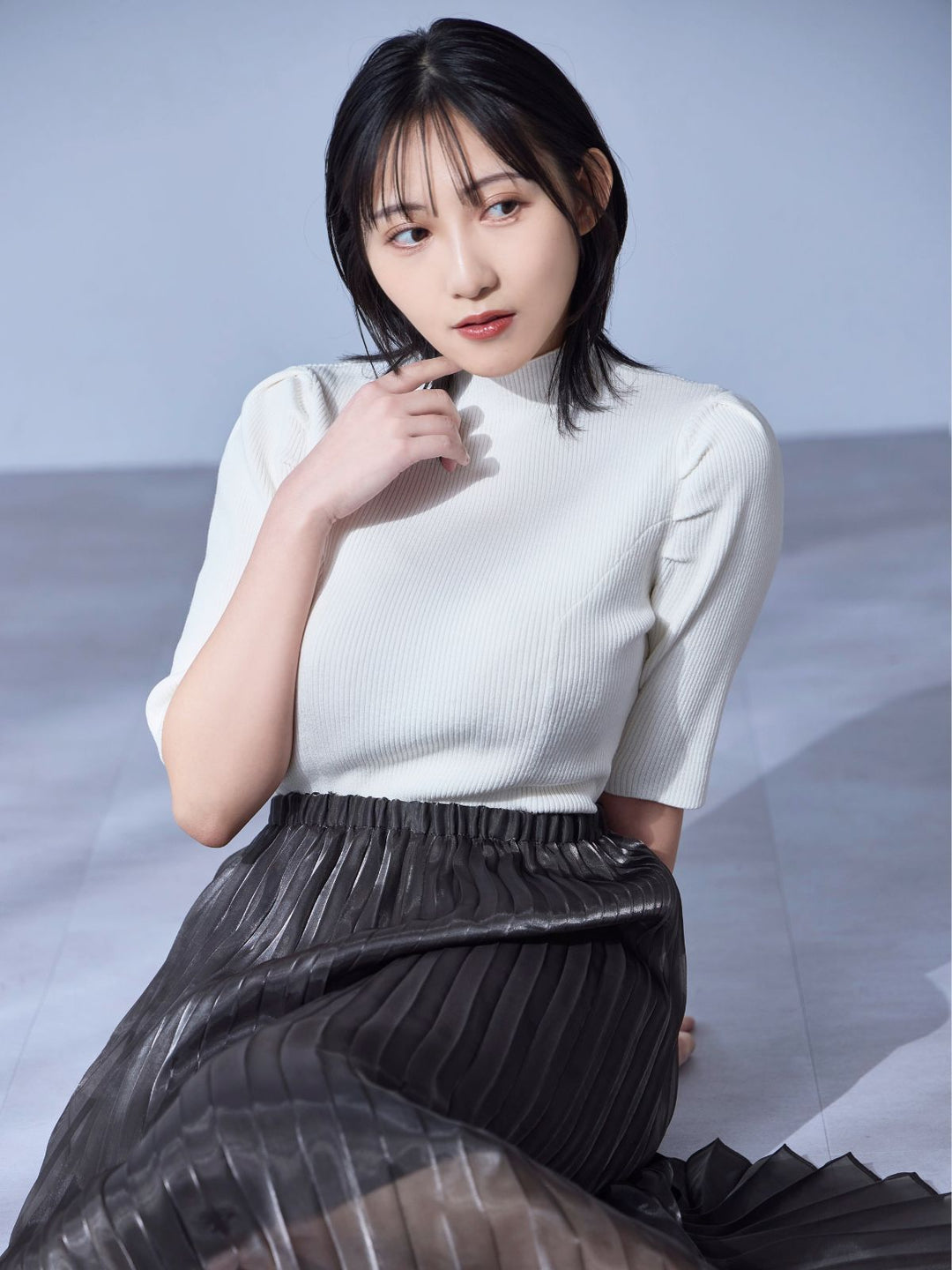 overE プチハイ5分袖パネルニット 25SS：ホワイト 96サイズ プチハイ5分袖パネルニット 25SS：ホワイト│胸が大きな女性の