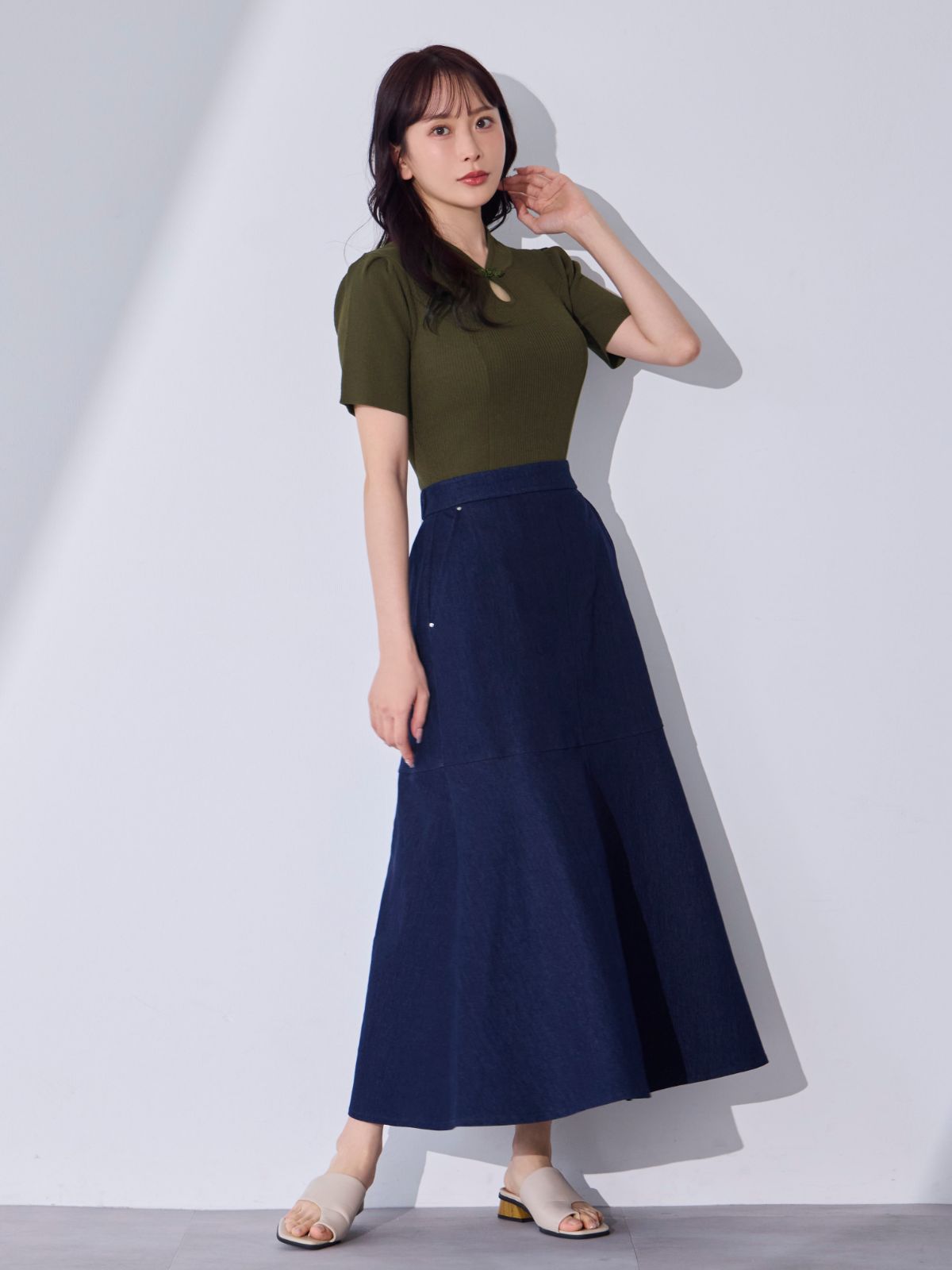 [7/10 22:00発売 期間限定 300円OFF]サマーチャイナパネルニット：カーキ[102サイズ対応]