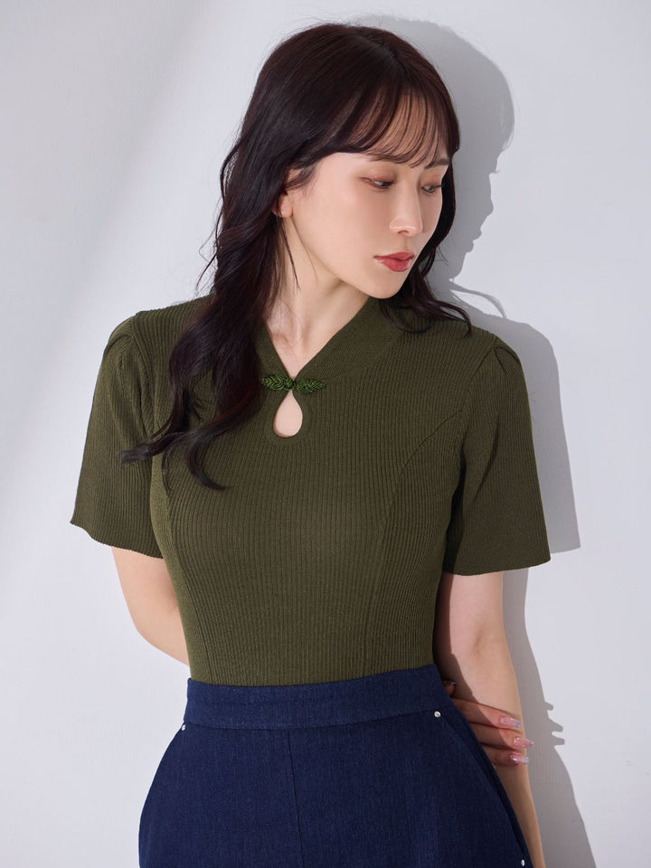 overe　サマーチャイナパネルニット　カーキ　102サイズ　オーバーイー サマーチャイナパネルニット：カーキ│胸が大きな女性のための