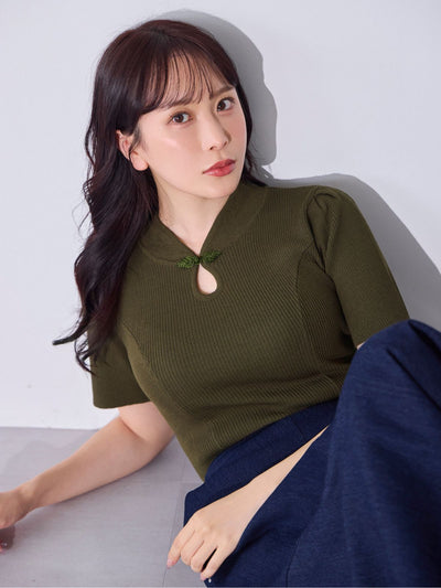 [7/10 22:00発売 期間限定 300円OFF]サマーチャイナパネルニット：カーキ[102サイズ対応]
