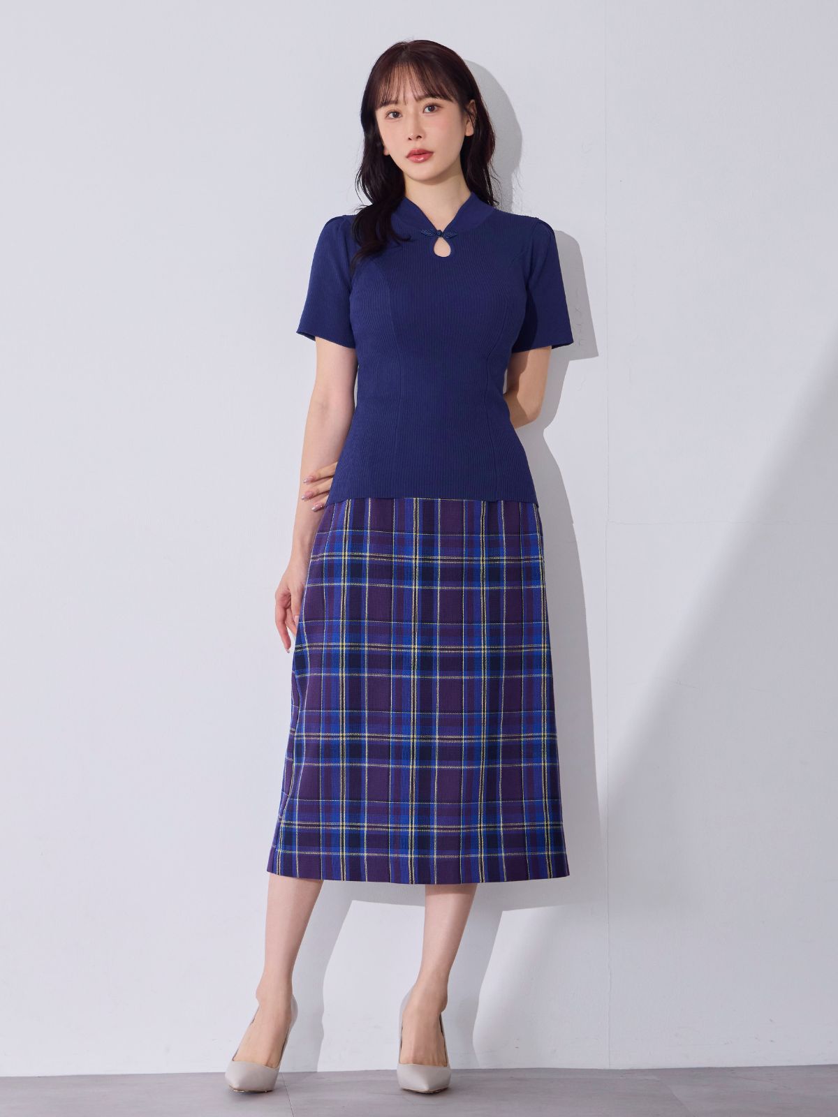 [7/10 22:00発売 期間限定 300円OFF]サマーチャイナパネルニット：ネイビー[102サイズ対応]