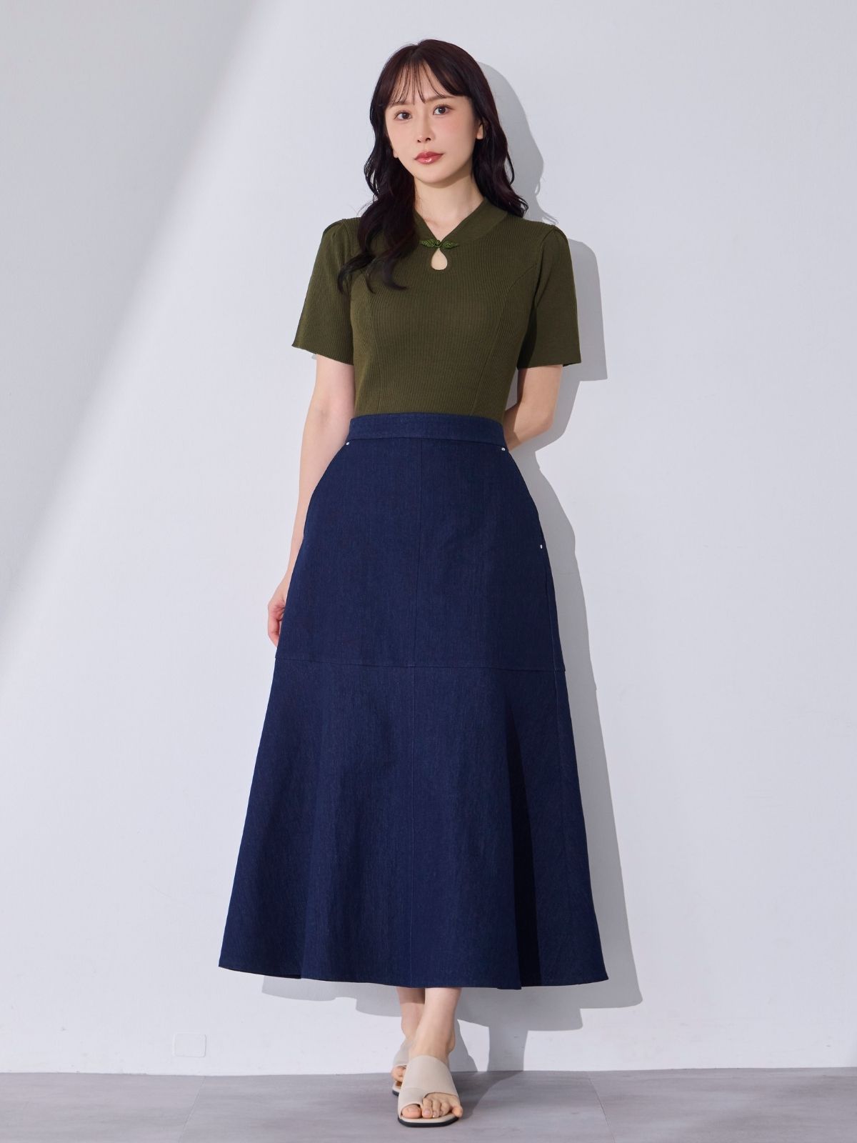 [7/10 22:00発売 期間限定 300円OFF]サマーチャイナパネルニット：カーキ[102サイズ対応]