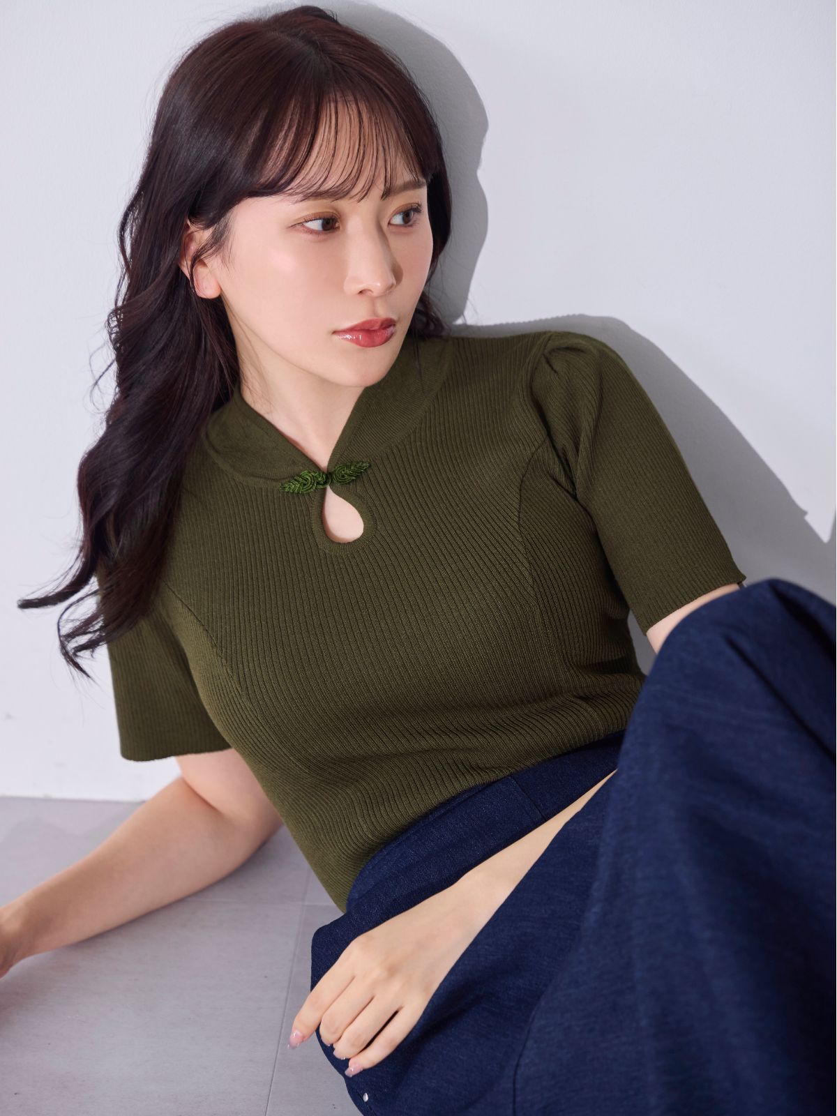 [7/10 22:00発売 期間限定 300円OFF]サマーチャイナパネルニット：カーキ[102サイズ対応]