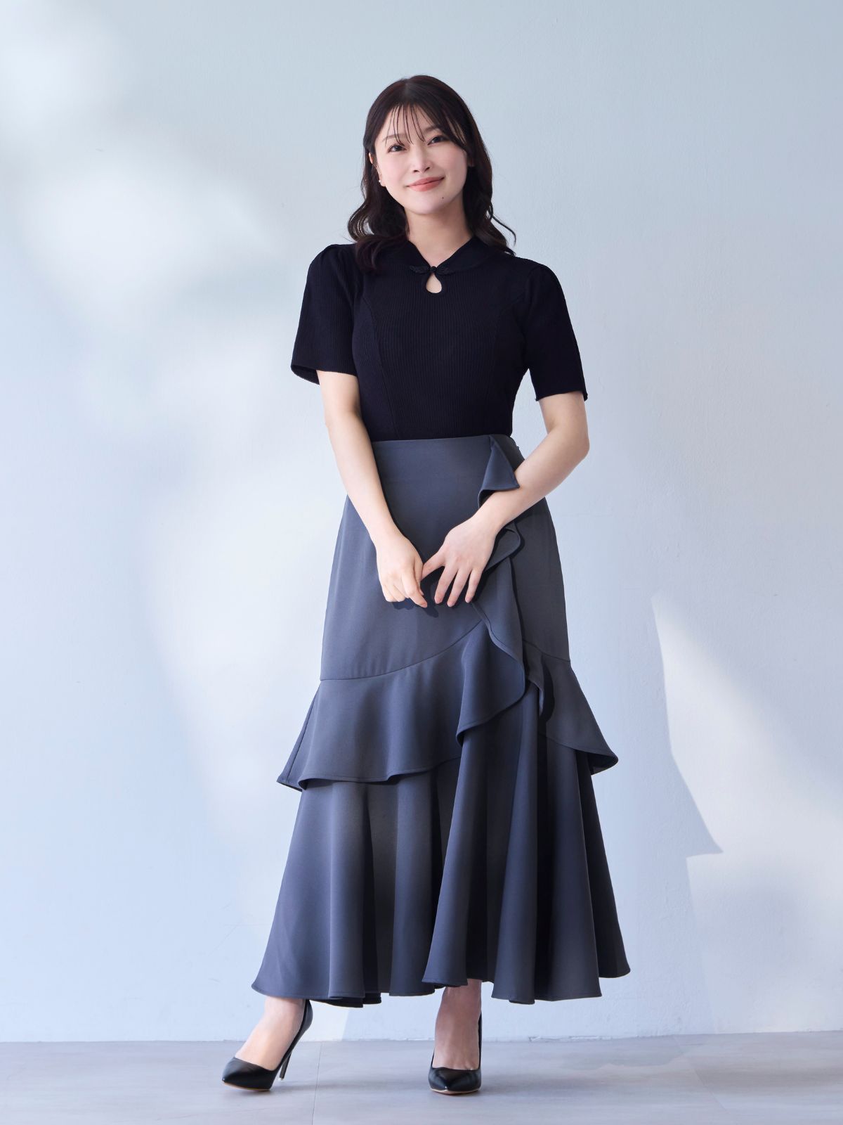 [5/15 22:00発売 期間限定 300円OFF]サマーチャイナパネルニット：ブラック[102サイズ対応]