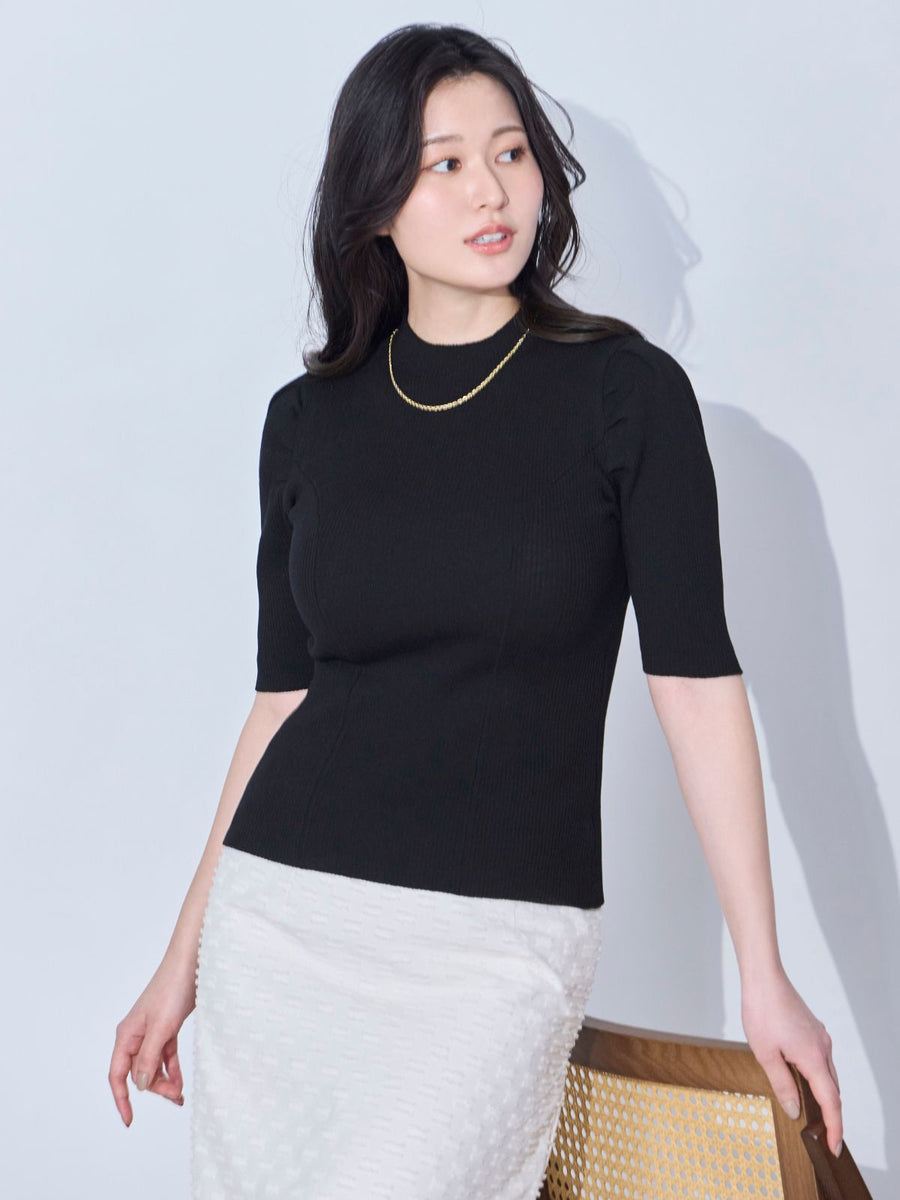 [4/2 22:00発売 期間限定 300円OFF]プチハイ5分袖サマーパネルニット：ブラック[102サイズ対応]