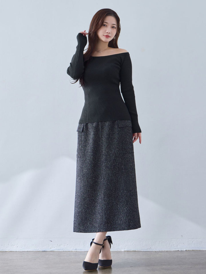 半透明ブラ紐付き オフショルパネルニット：チャコール│胸が大きな