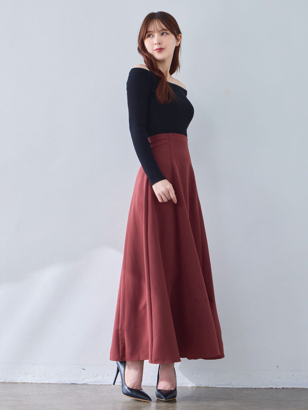 overE】Vネックパネルニット｜ボルドー【96】 overE】Vネックパネル