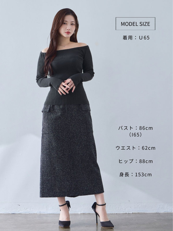 半透明ブラ紐付き オフショルパネルニット：ブラック│胸が大きな女性