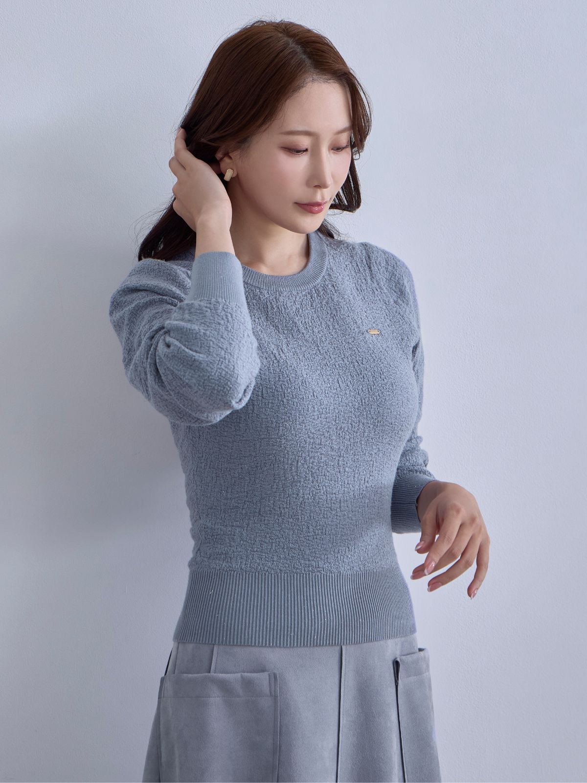 [12/11 22:00発売 期間限定 300円OFF]ジャカードラメニット：ブルーグレー[102サイズ対応]