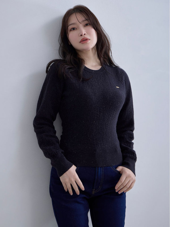 ジャカードラメニット：ネイビー│胸が大きな女性のためのファッション