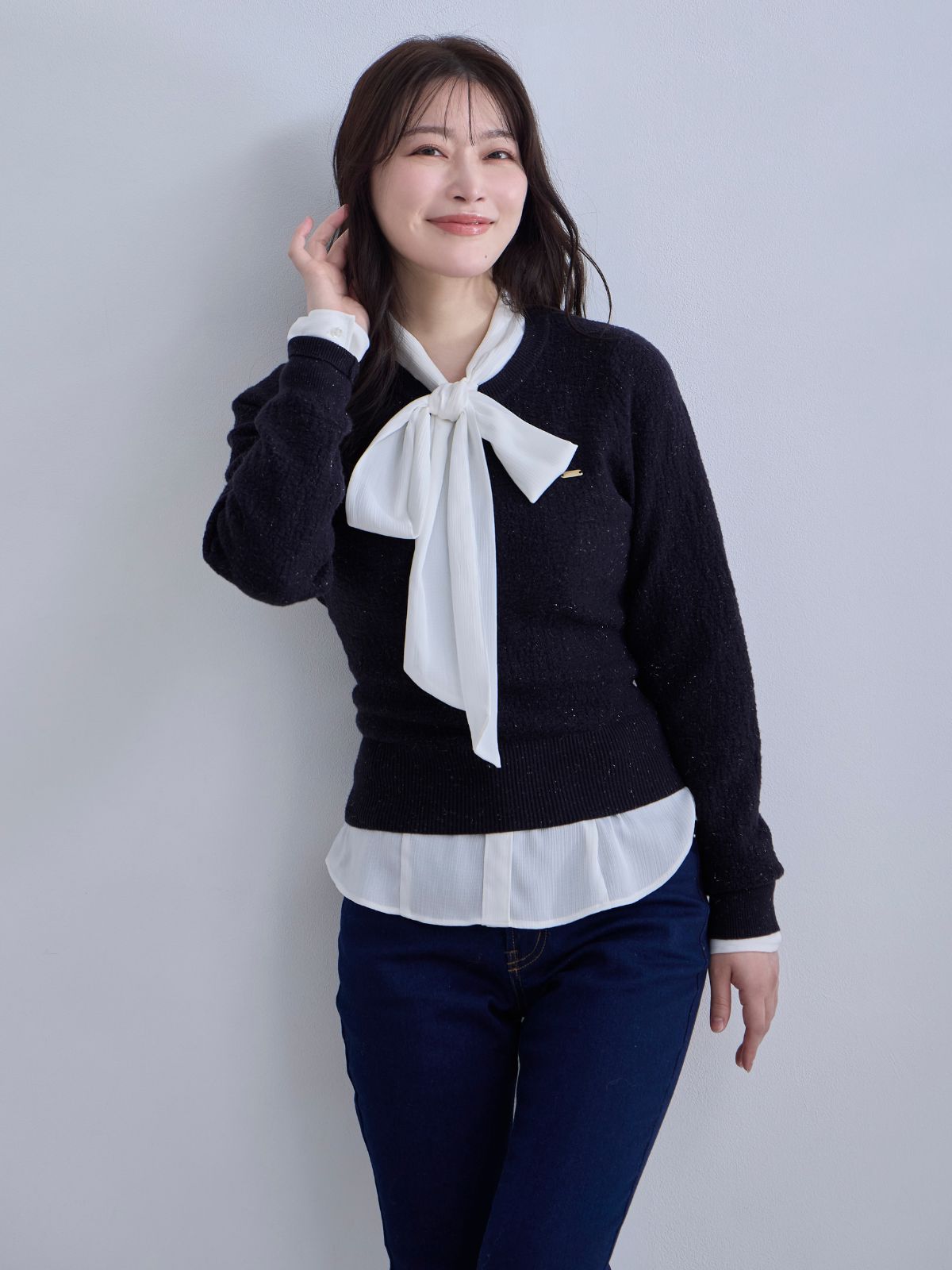 [12/11 22:00発売 期間限定 300円OFF]ジャカードラメニット：ネイビー[102サイズ対応]